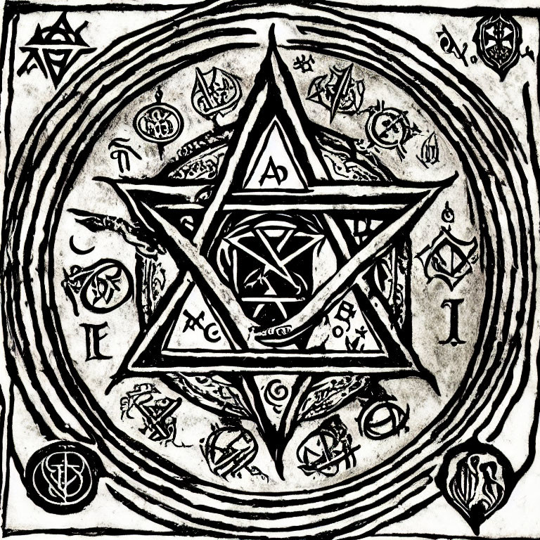 Detailed Black and White Pentagram with Mystic Symbols and Esoteric Motifs