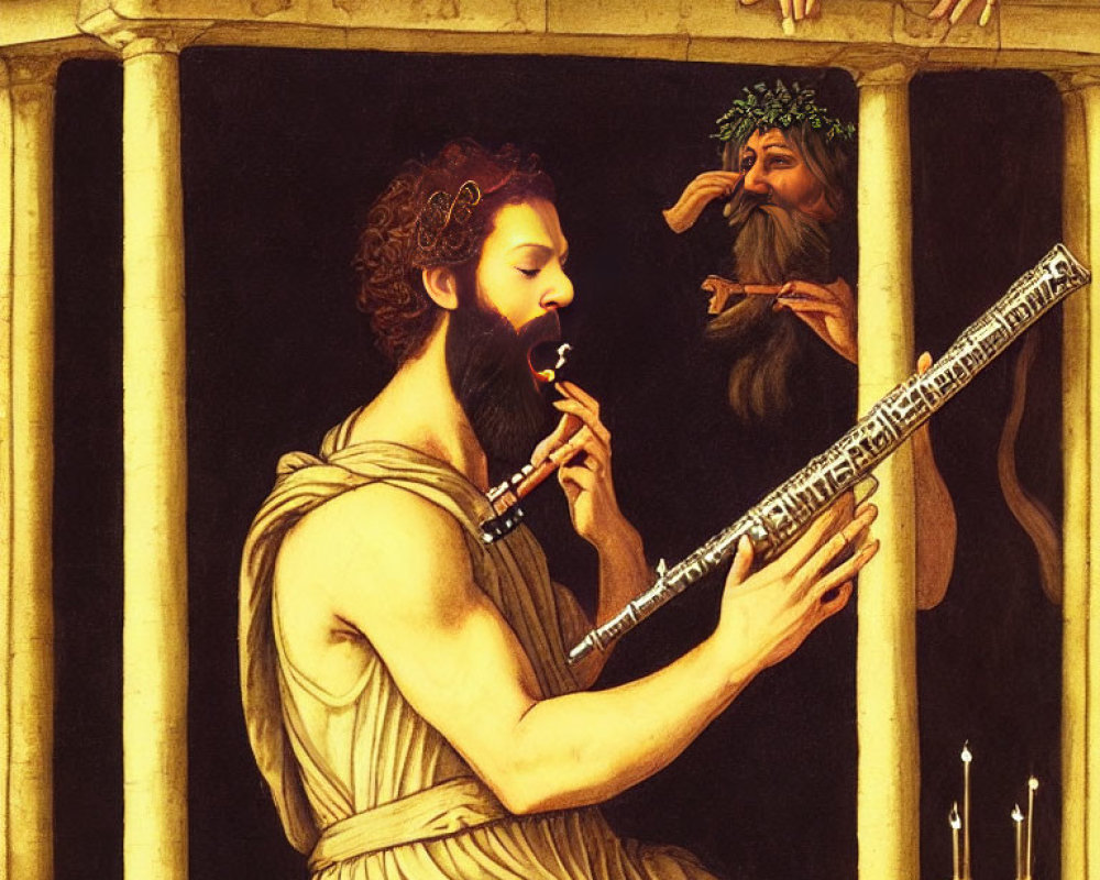 Classically dressed man playing pan flute in ornate setting