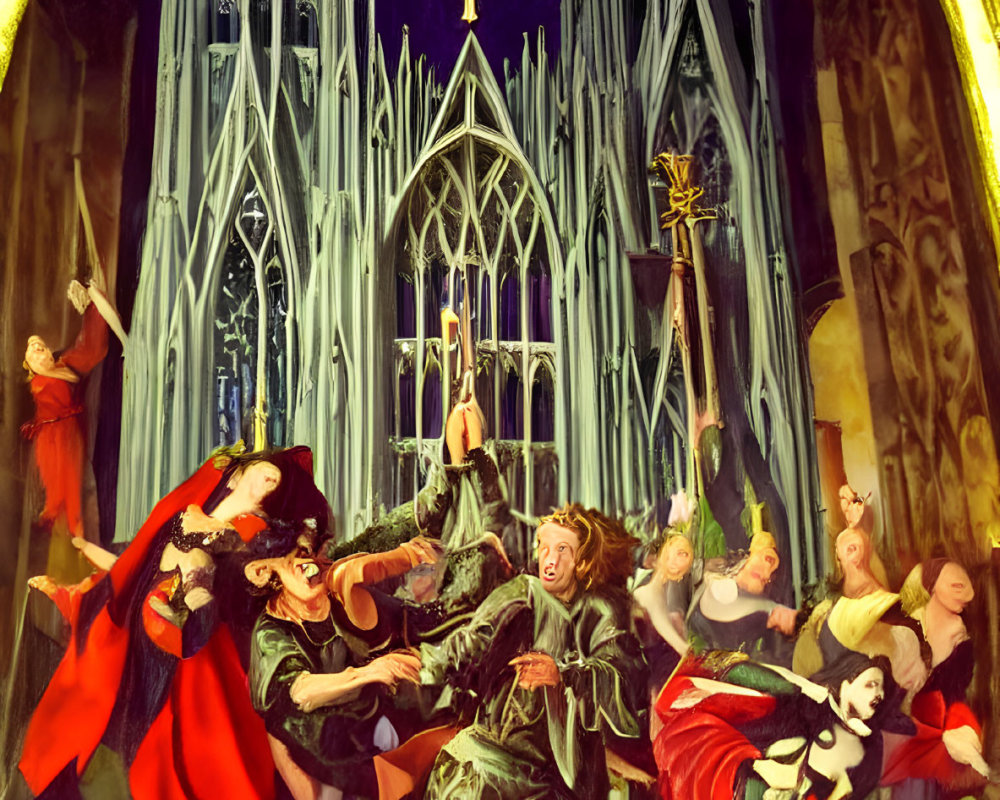 Historical attire group painting against gothic cathedral backdrop