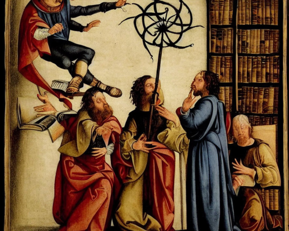 Medieval painting of four robed men discussing with celestial diagram and books shelves