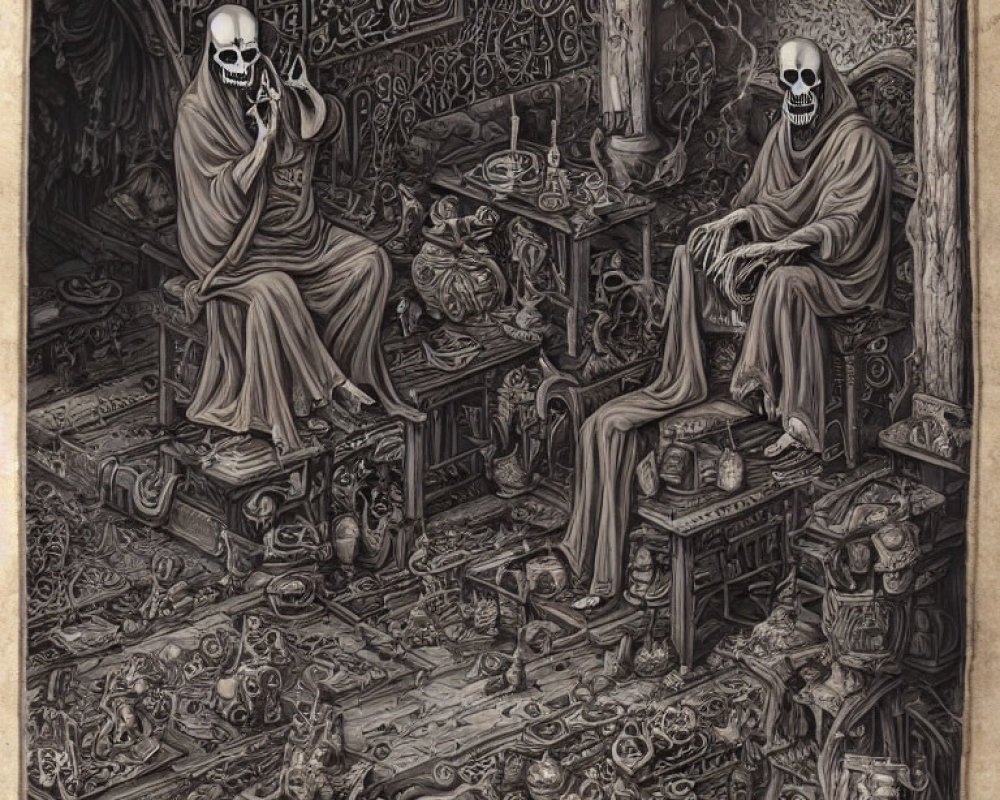 Skeletal figures in robes surrounded by books, candles, and esoteric objects