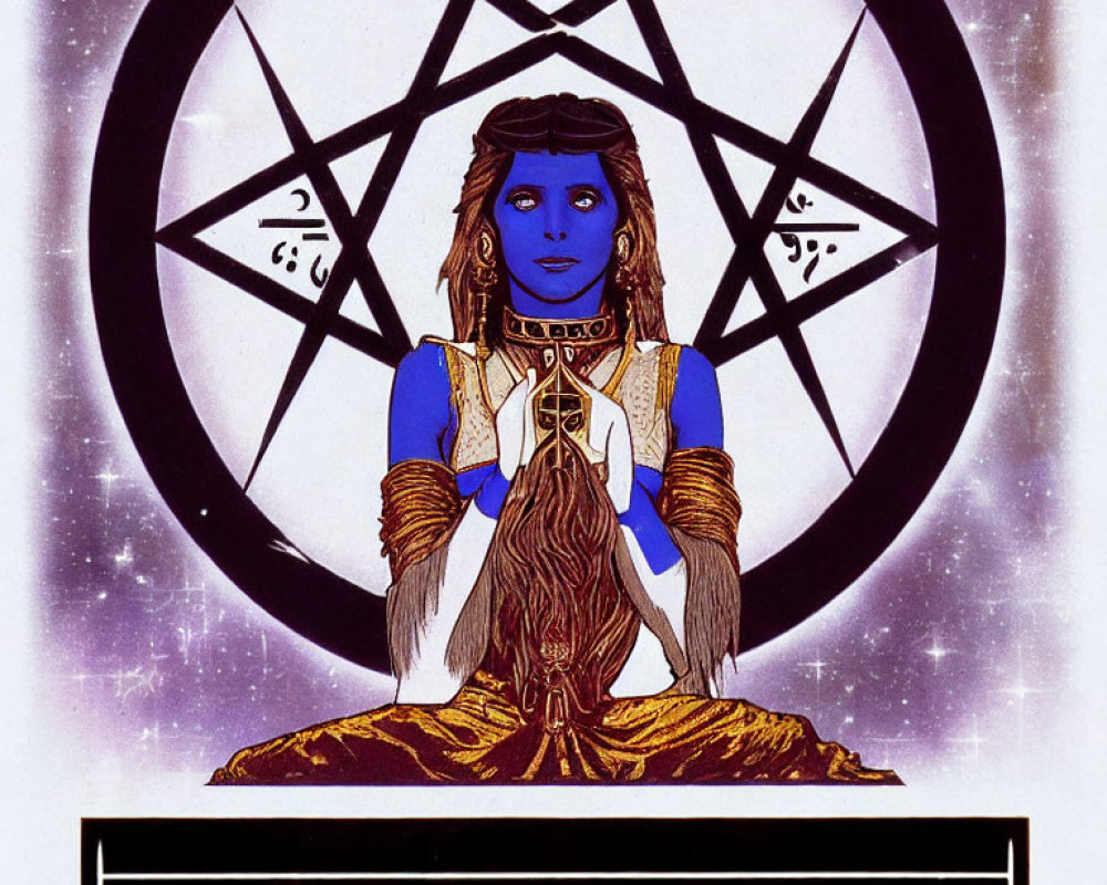 Blue-skinned figure with braided beard in stylized garb on pentagram backdrop with "I