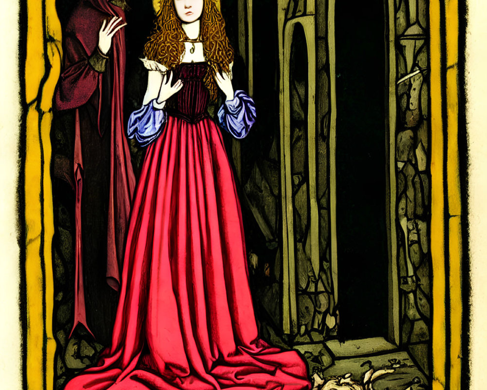 Illustration of woman in red dress with hooded figure in purple in Gothic setting