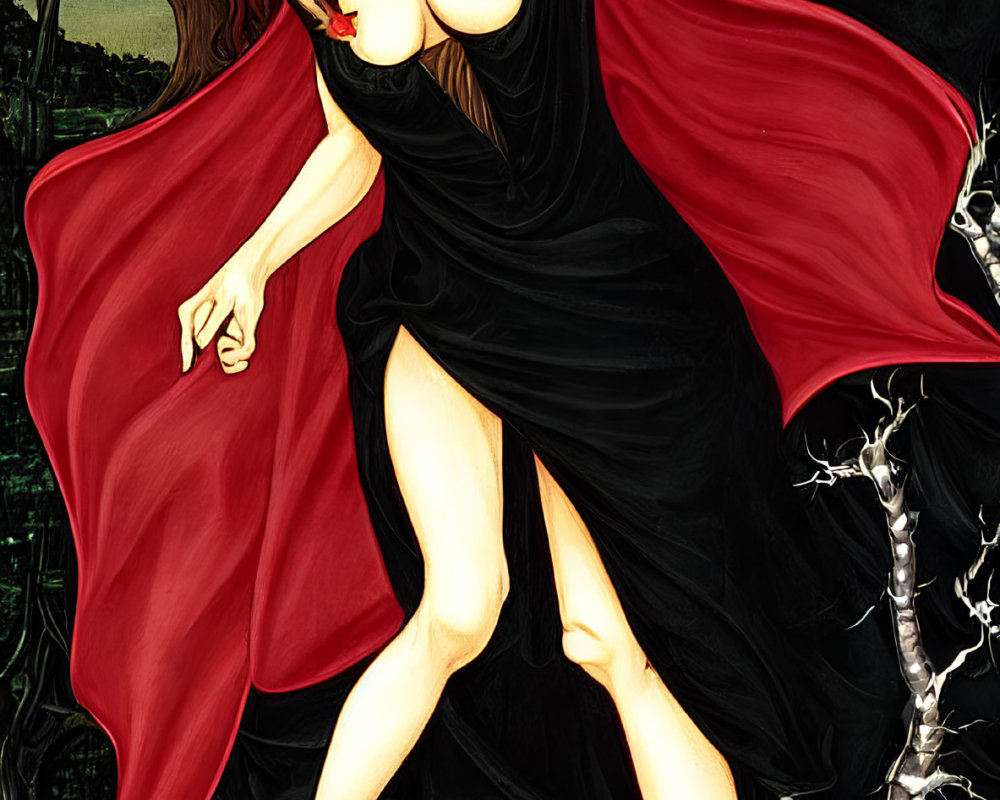 Illustration of woman in red cloak standing over crouched male figure