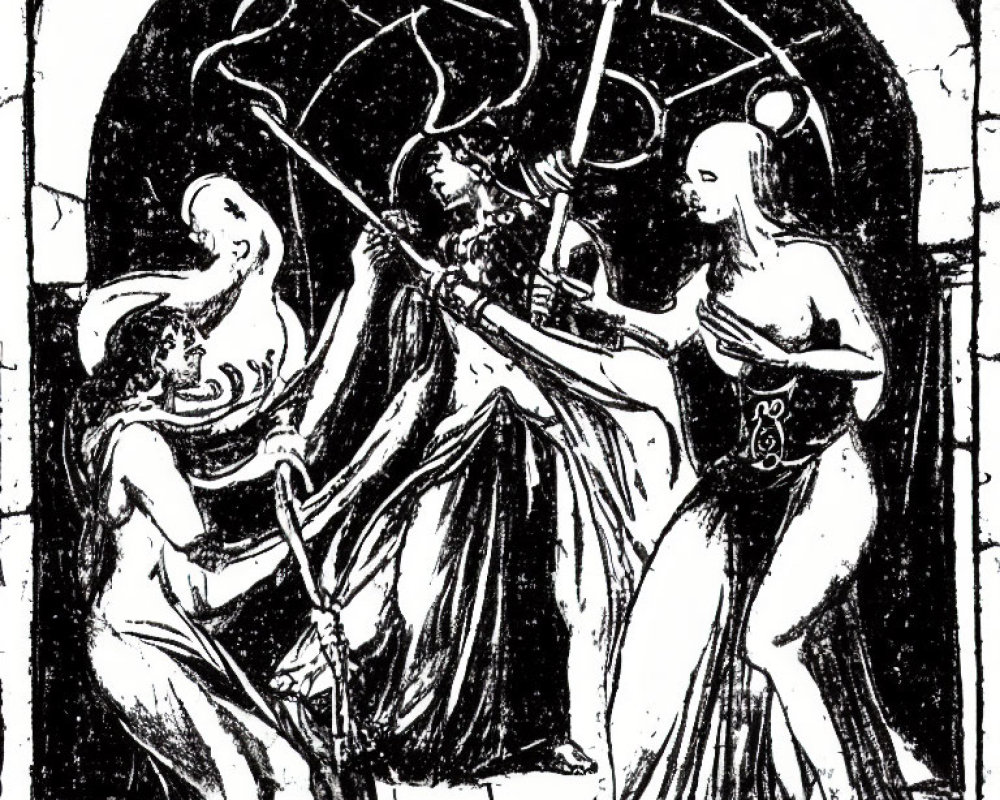 Vintage black and white illustration of three figures with staffs in arched structure