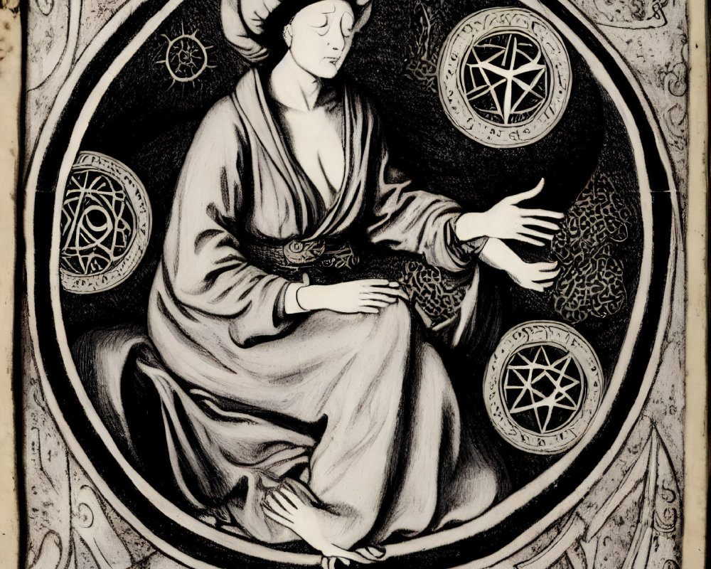 Medieval Illustration of Robed Figure with Halo and Ornate Circular Designs