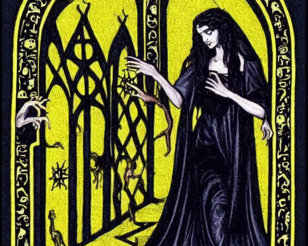 Stylized illustration of woman in black robe with candle by gothic windows