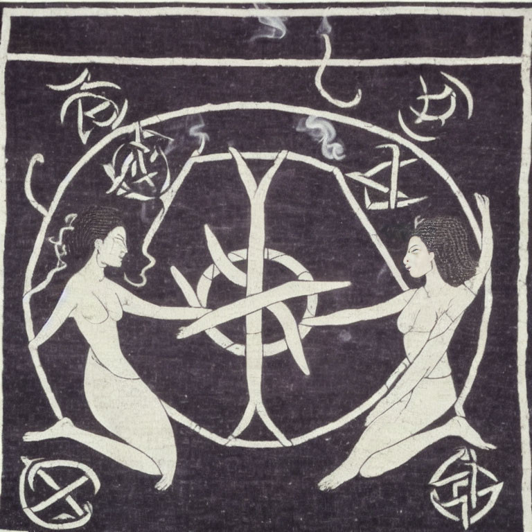 Stylized figures in circular motif with triquetra symbols on textured background