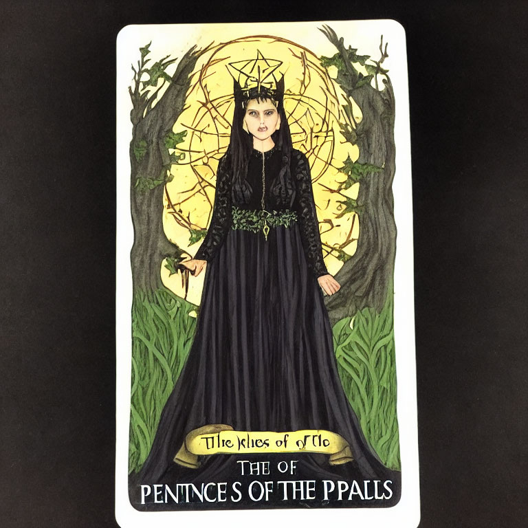 Tarot card: Woman in black robes with crown, full moon, and trees.