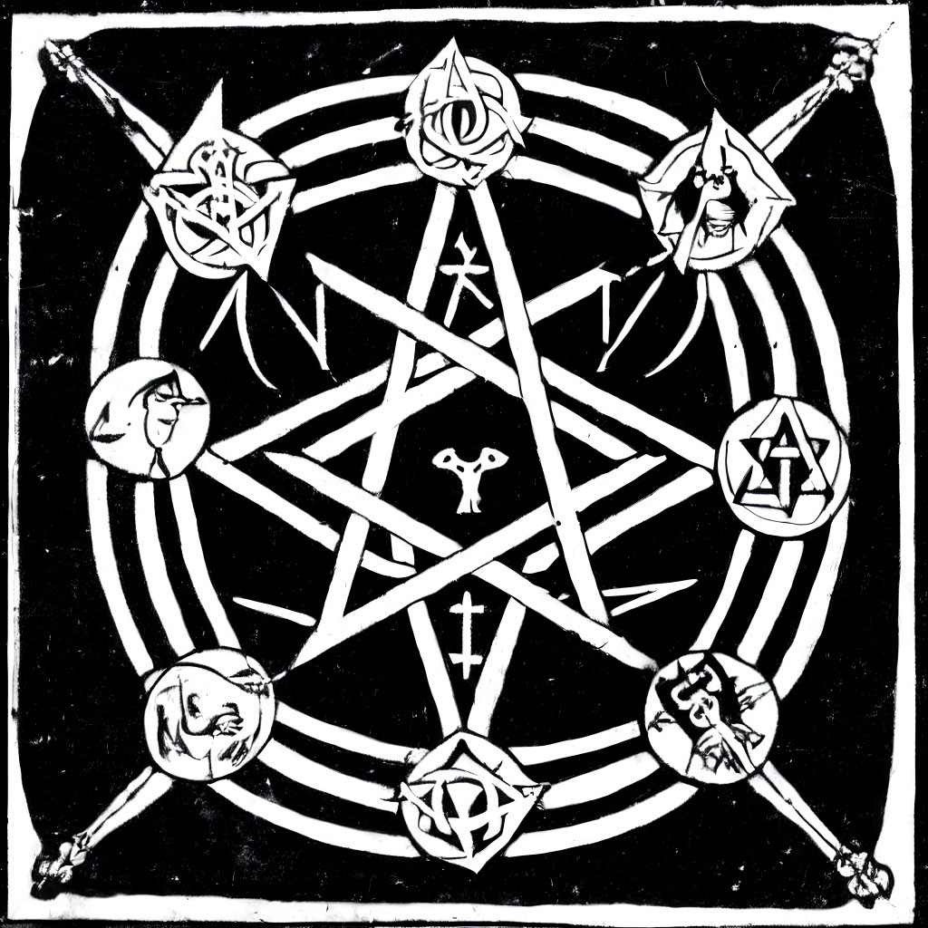 Monochrome pentagram surrounded by occult symbols