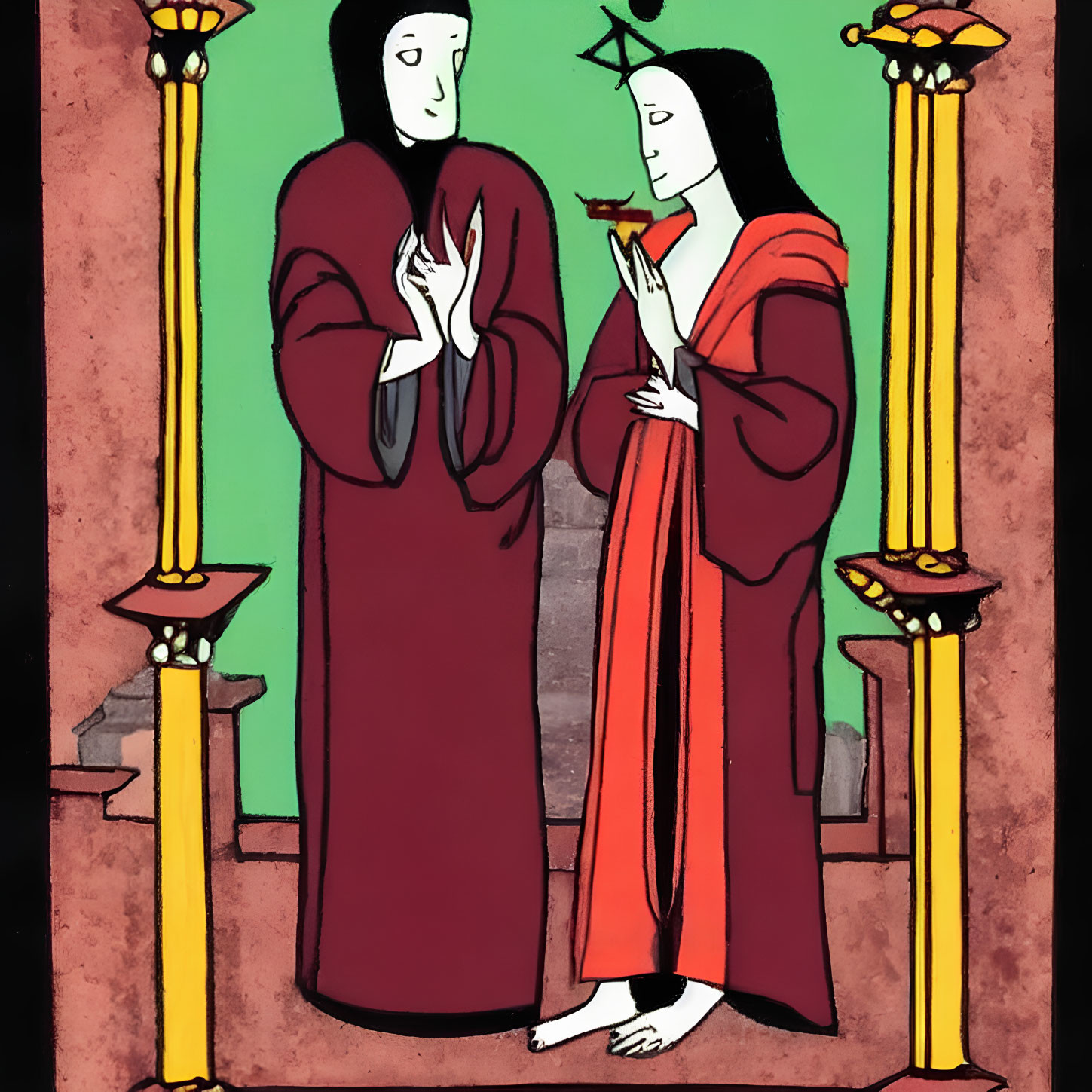 Stylized figures in red robes with blessing gesture, ornate candlesticks on green background