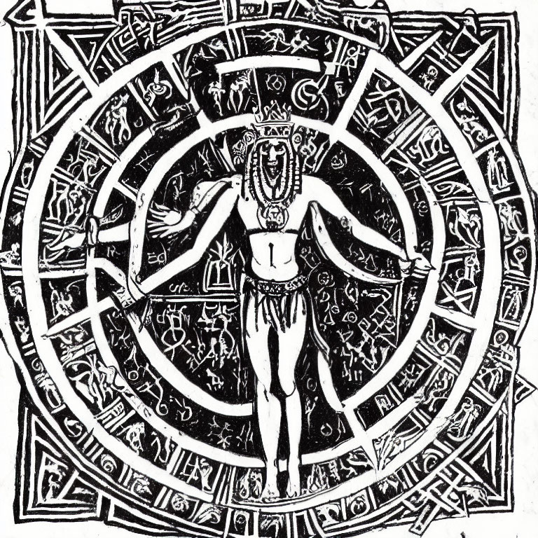 Detailed black and white human figure in circular mandala design.