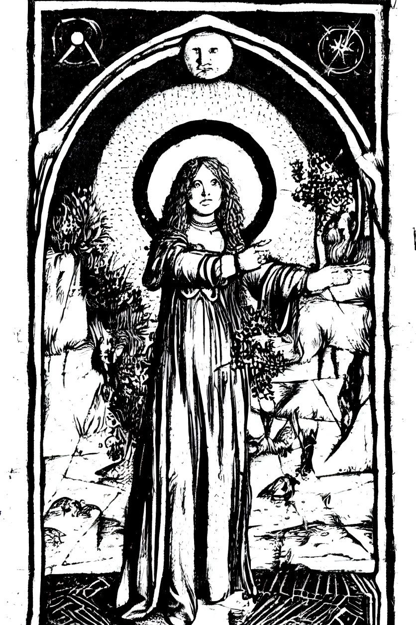 Female figure in robe with halo in archway, surrounded by zodiac symbols and nature.