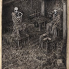 Skeletal figures in robes surrounded by books, candles, and esoteric objects