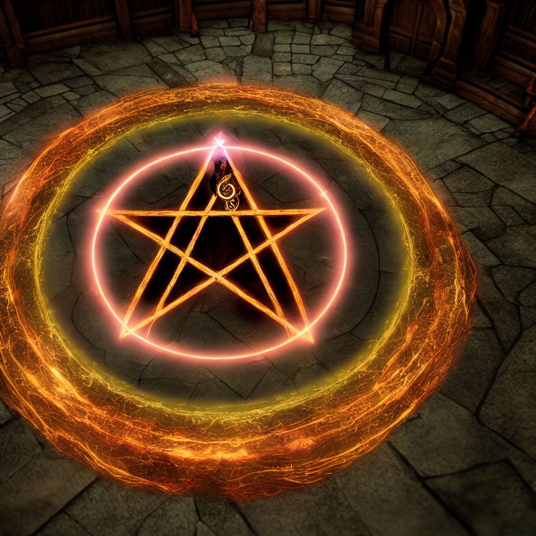 Mystical glowing pentagram on stone floor in dimly lit room