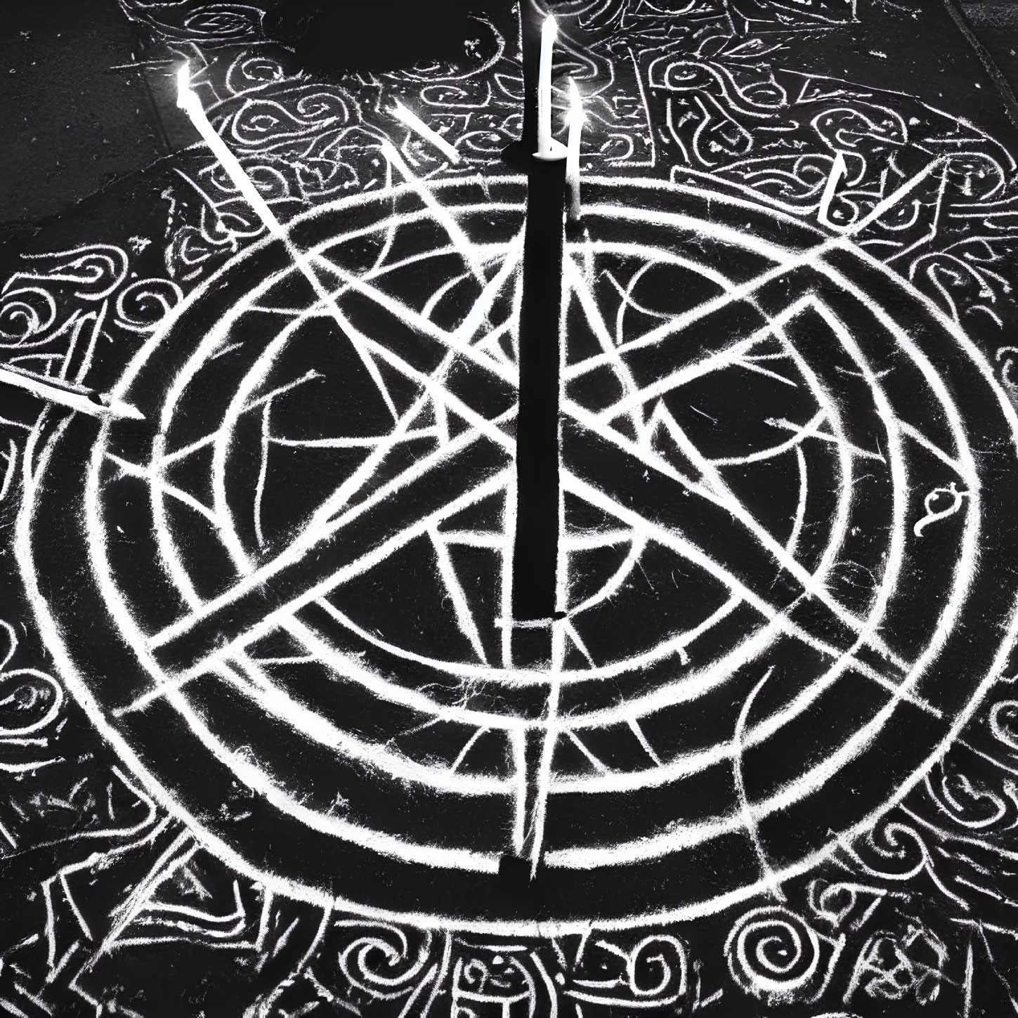 Chalk-drawn pentagram and symbols on asphalt with shadow division