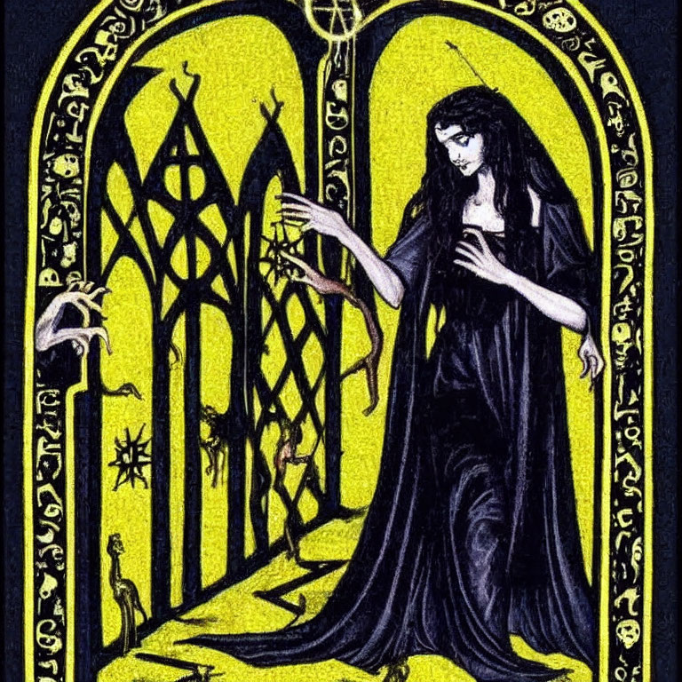 Stylized illustration of woman in black robe with candle by gothic windows