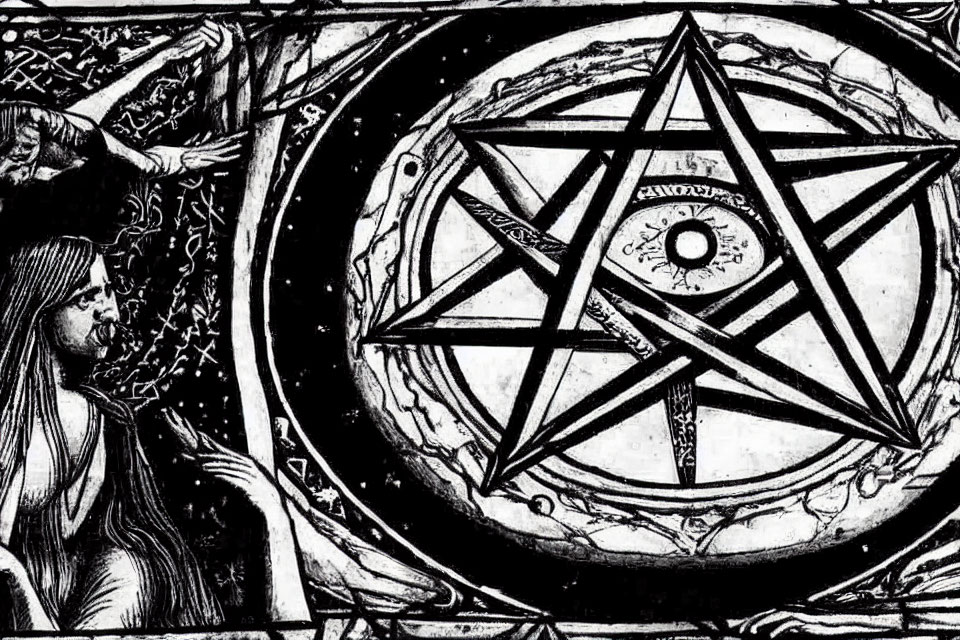 Detailed monochromatic pentagram illustration with mystical symbols and robed figure.