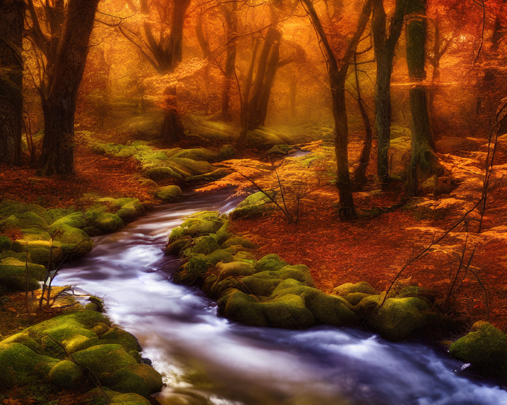 Tranquil Autumn Forest Scene with Stream and Golden Leaves