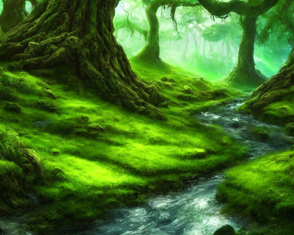 Moss-Covered Trees in Enchanting Forest Scene