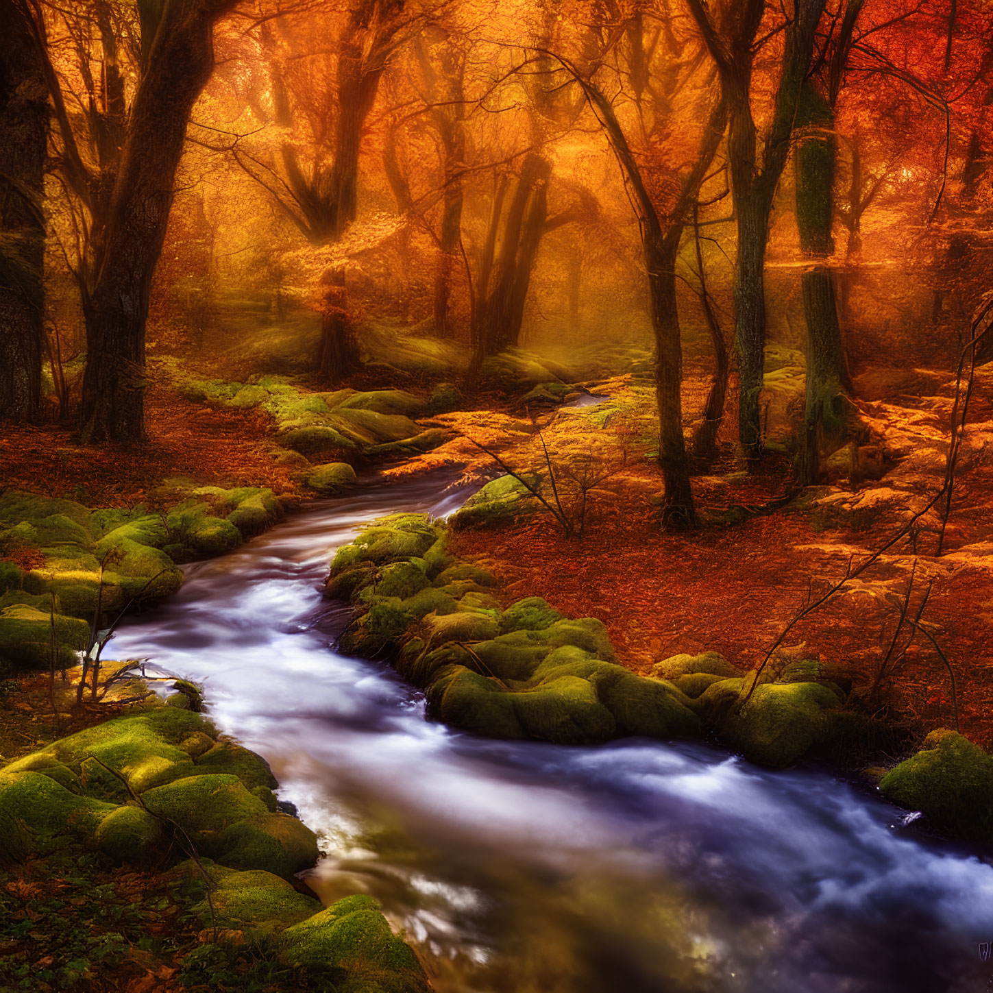 Tranquil Autumn Forest Scene with Stream and Golden Leaves