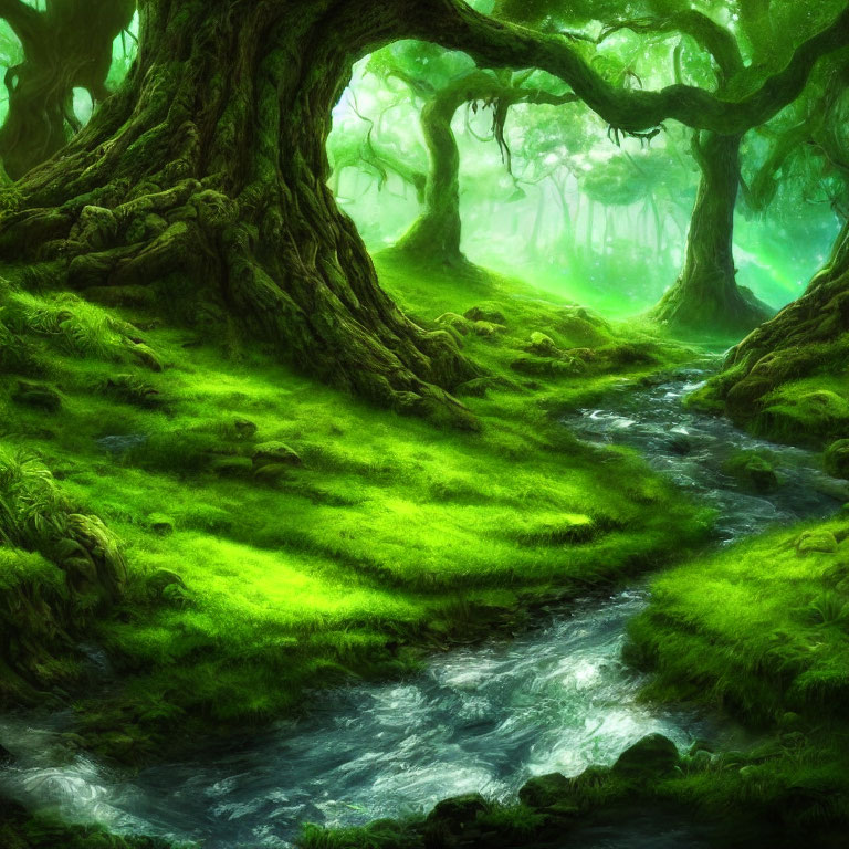 Moss-Covered Trees in Enchanting Forest Scene