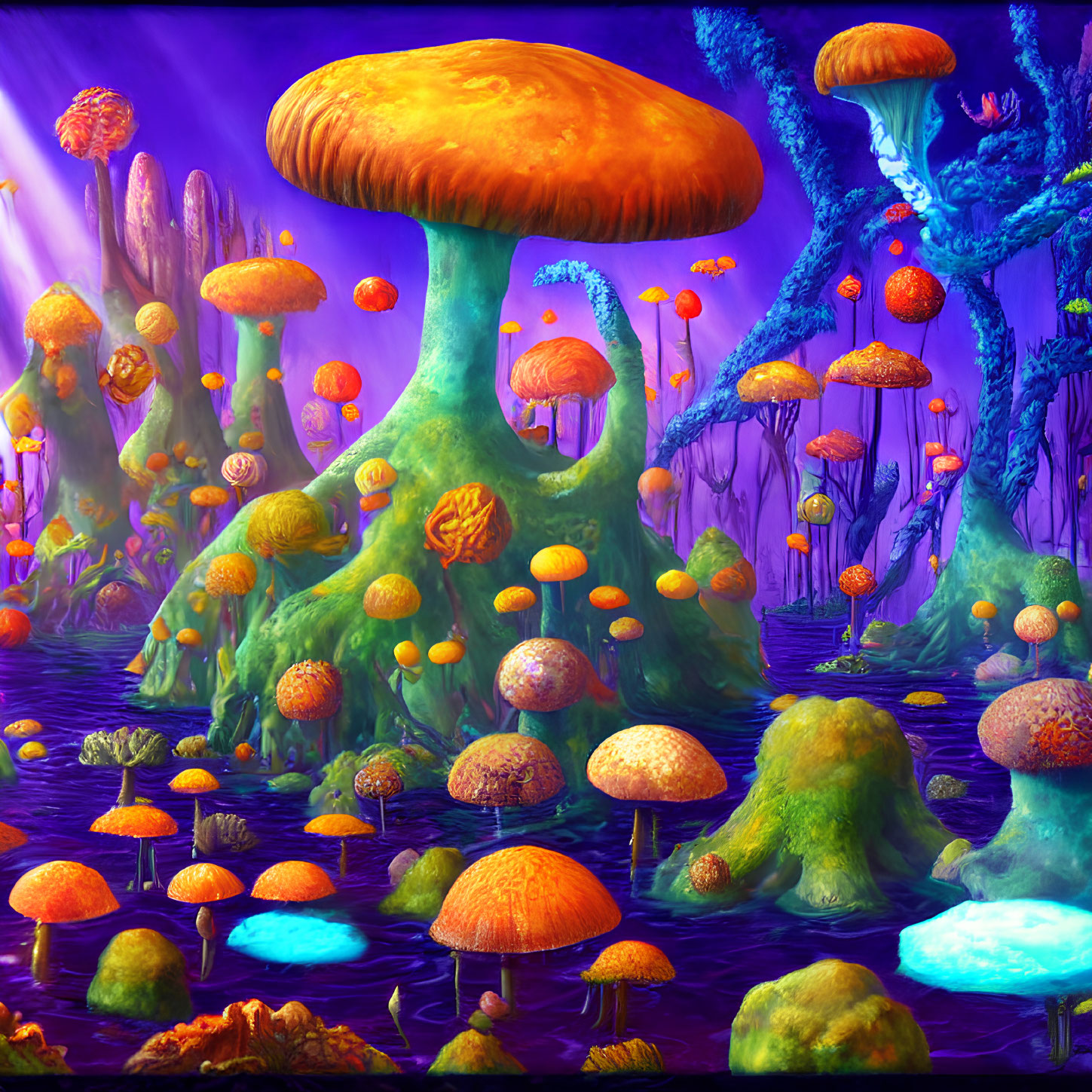 Colorful oversized mushrooms in vibrant fantasy landscape under purple sky