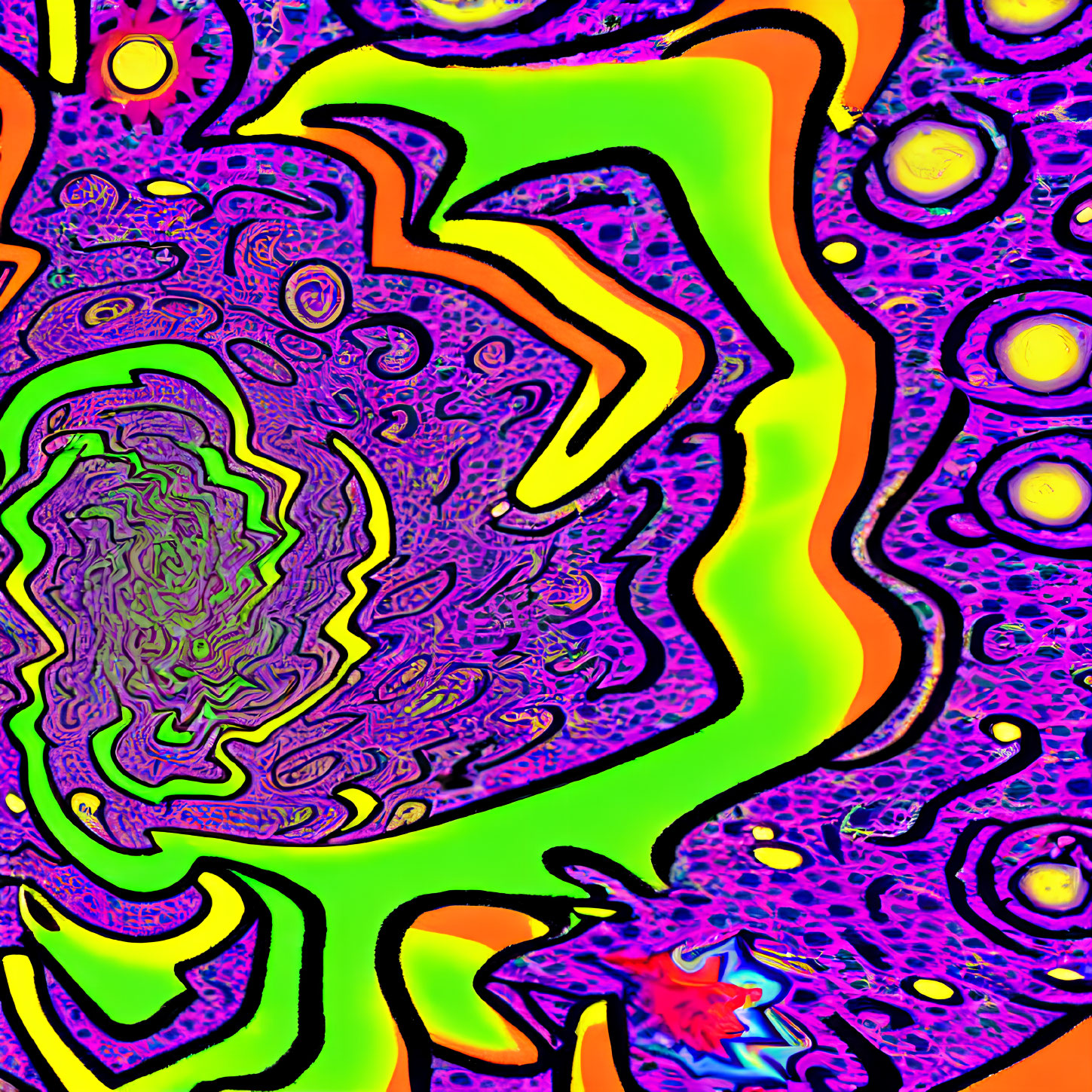 Colorful Psychedelic Pattern with Swirling Shapes and Intense Colors