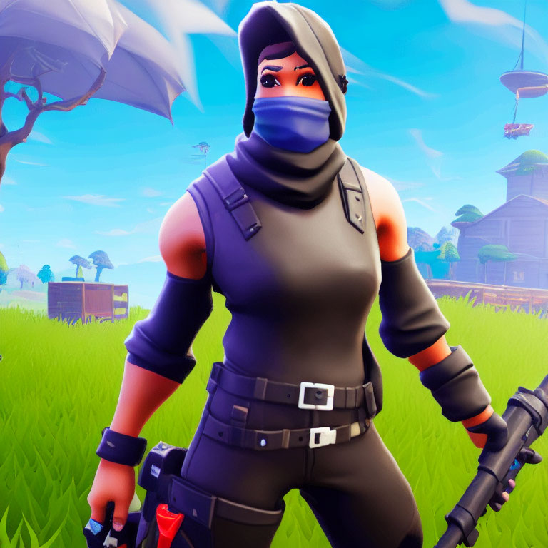 Grey and Black Outfit Character with Weapon in Cartoon Grass Landscape