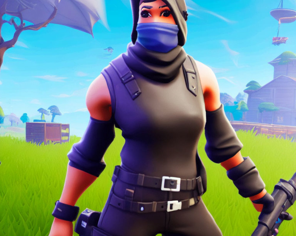 Grey and Black Outfit Character with Weapon in Cartoon Grass Landscape