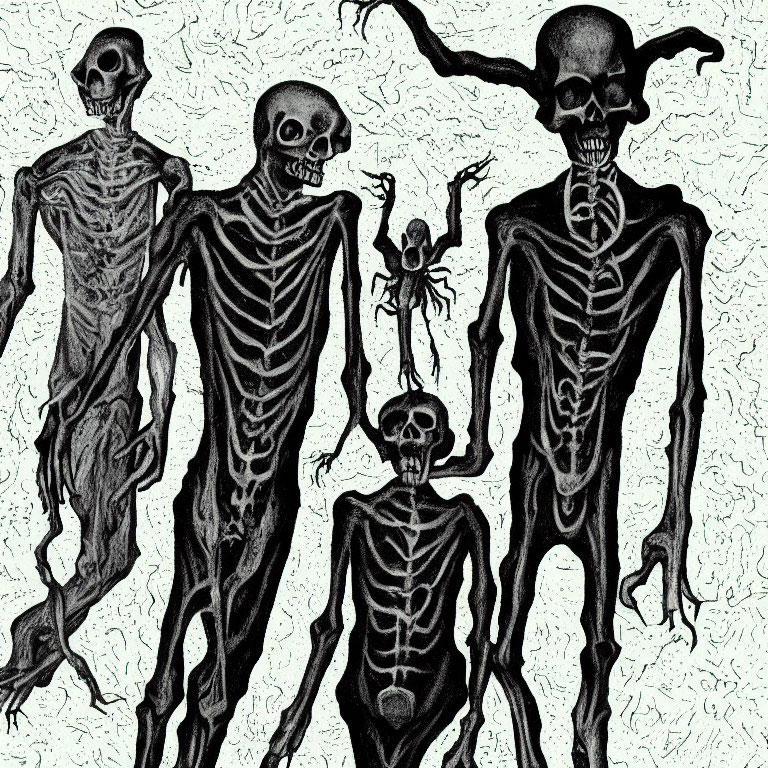 Spooky skeleton figures in different poses on textured background