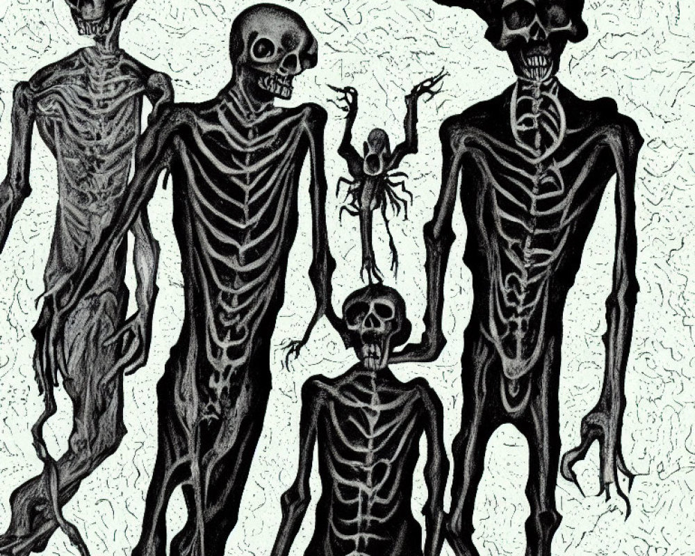 Spooky skeleton figures in different poses on textured background