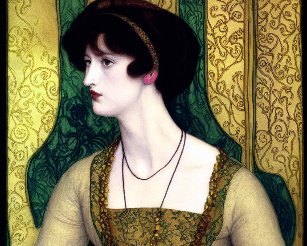 Pre-Raphaelite Style Painting of Woman in Golden Dress