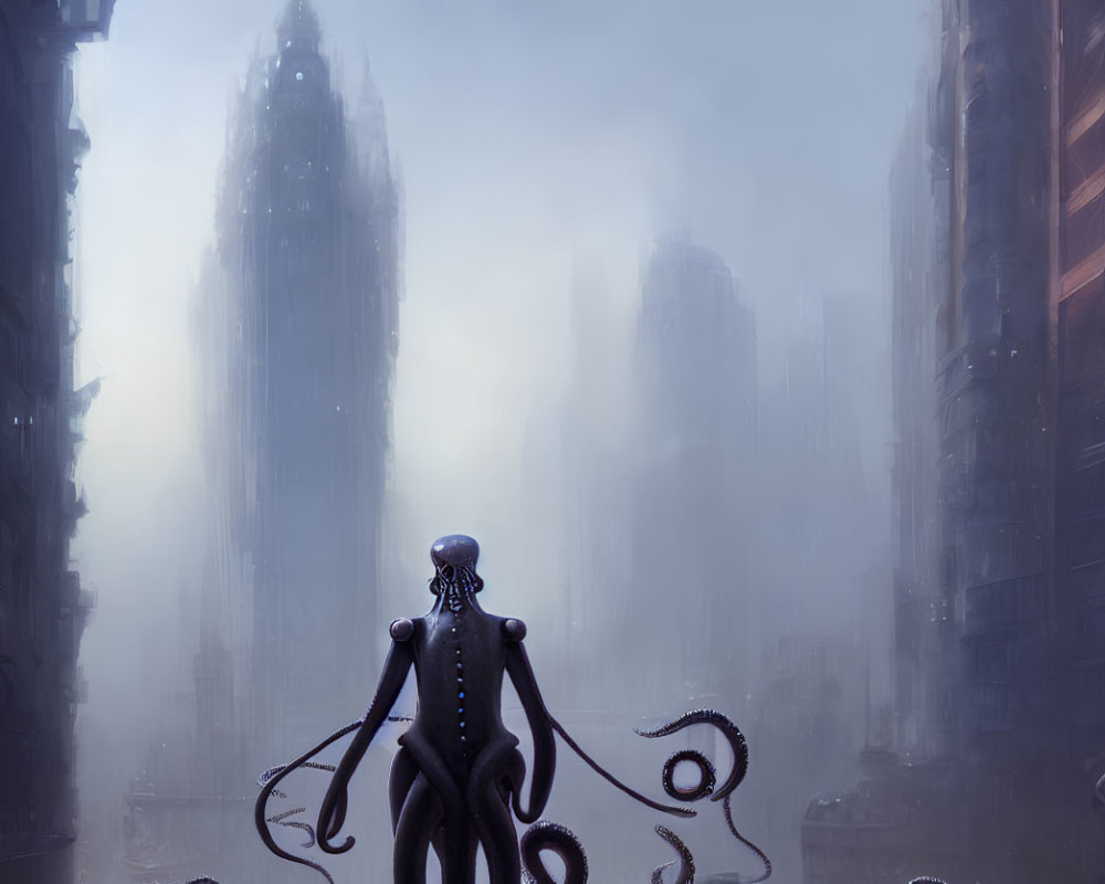 Tentacled humanoid in misty futuristic cityscape