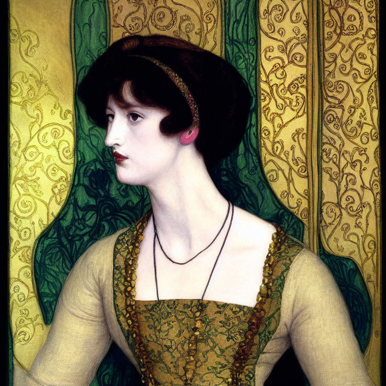 Pre-Raphaelite Style Painting of Woman in Golden Dress