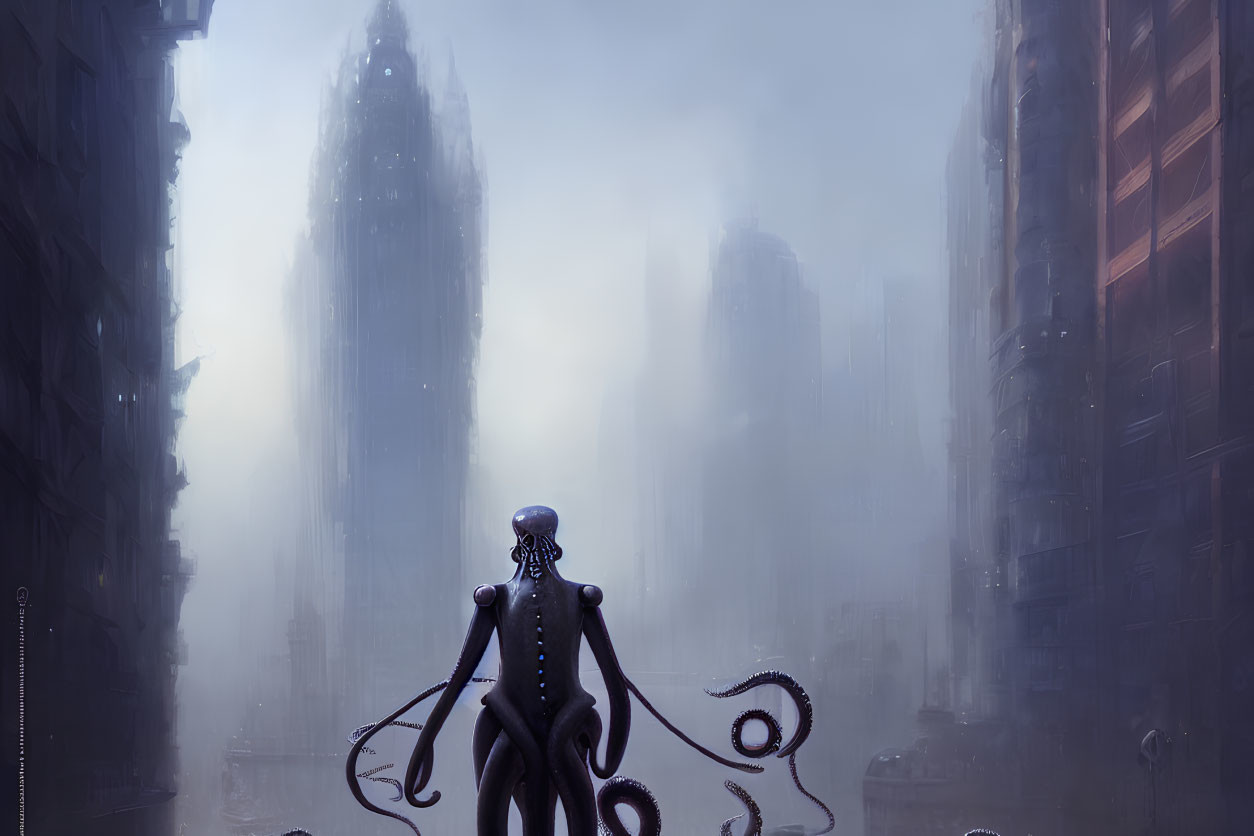 Tentacled humanoid in misty futuristic cityscape