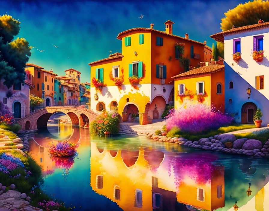 Colorful Digital Artwork: Italian Riverside Village with Blooming Flowers