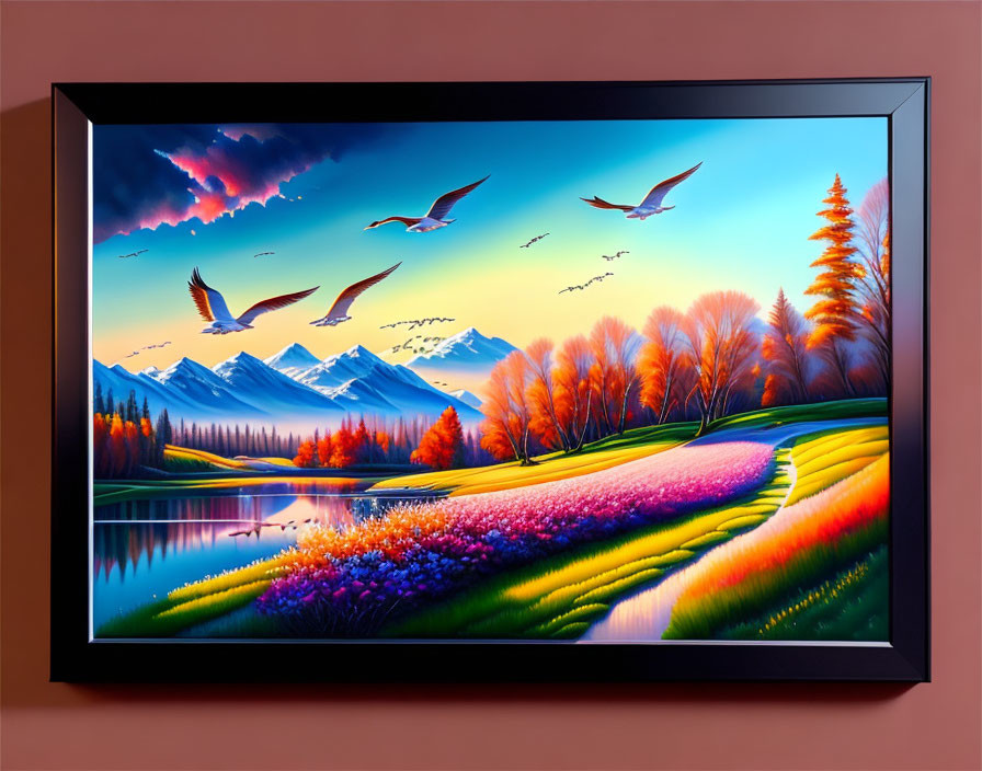 Colorful landscape painting with birds, lake, autumn trees, and mountains at sunset