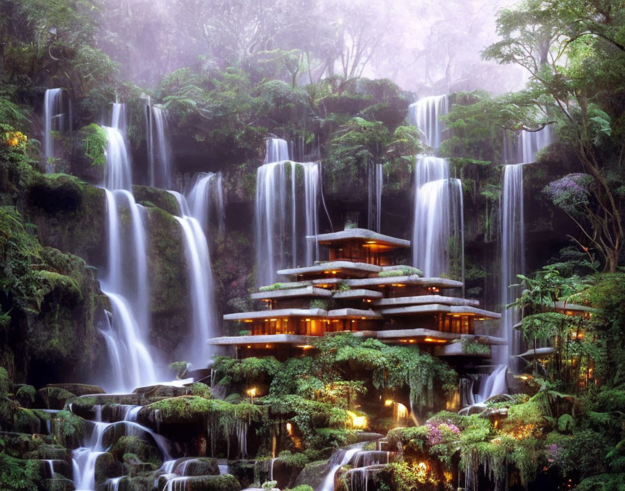 Ethereal multi-tiered waterfall with pagoda-style building in lush greenery