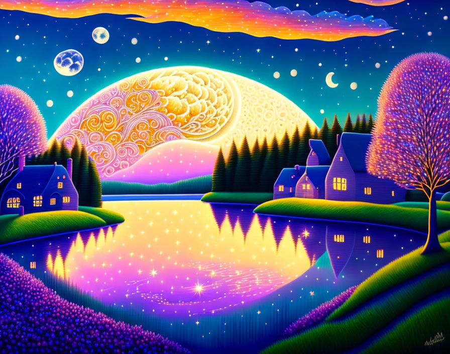 Colorful Night Landscape with Patterned Moon and Sparkling Lake