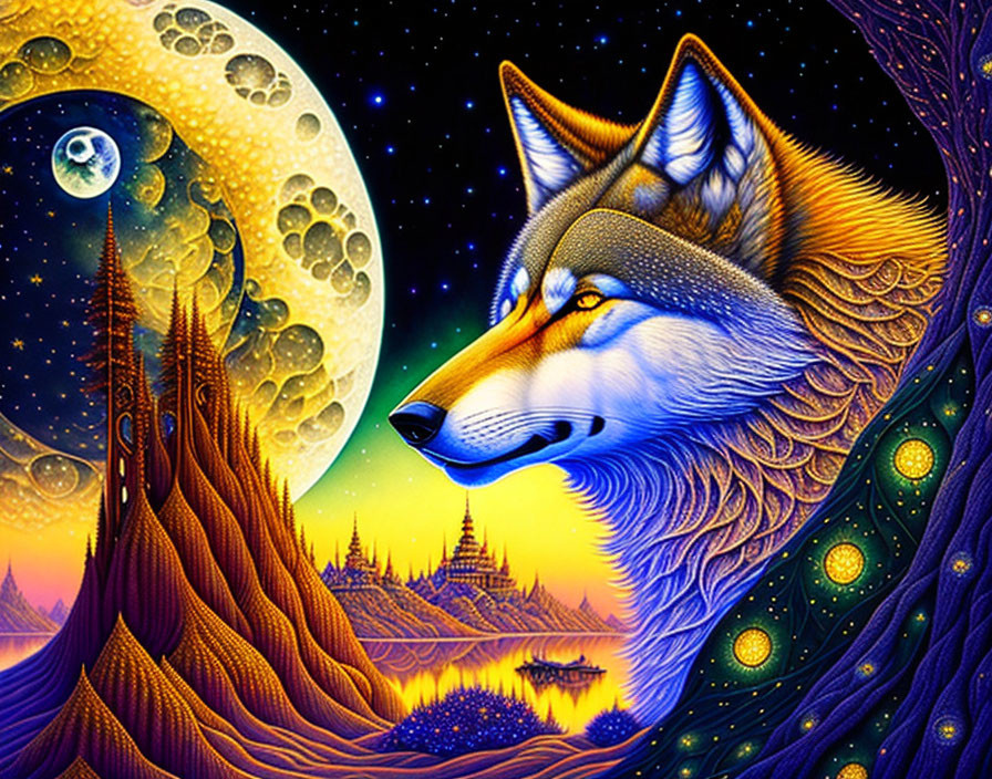 Vibrant wolf illustration with cosmic backdrop and castles