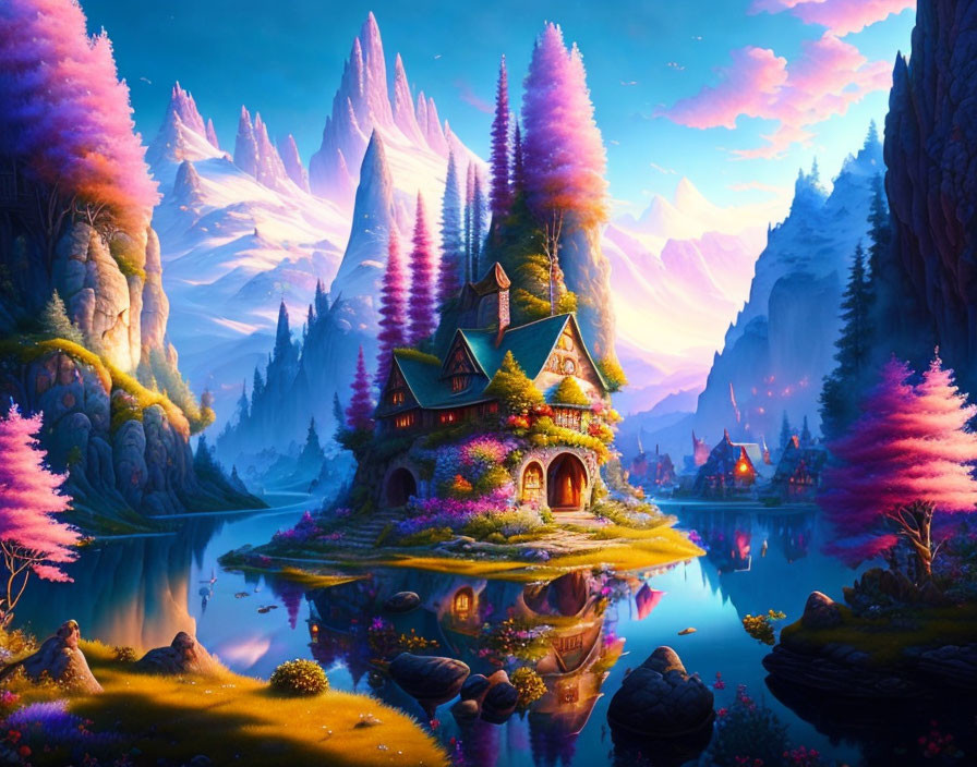 Whimsical cottage on islet with pink trees in front of purple mountains