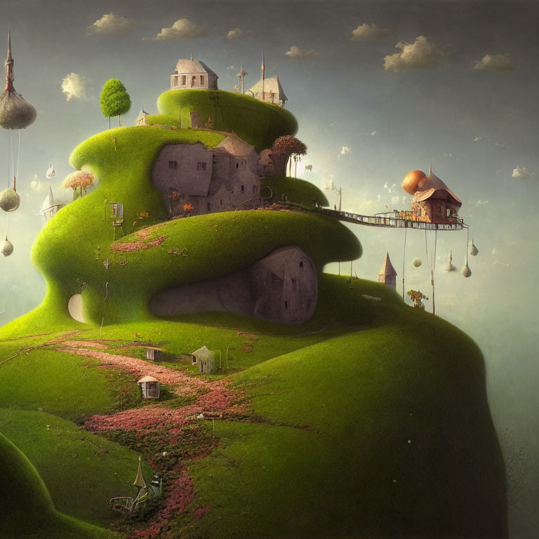 Whimsical landscape with castle on hill, terraced gardens, floating islands, and winding path