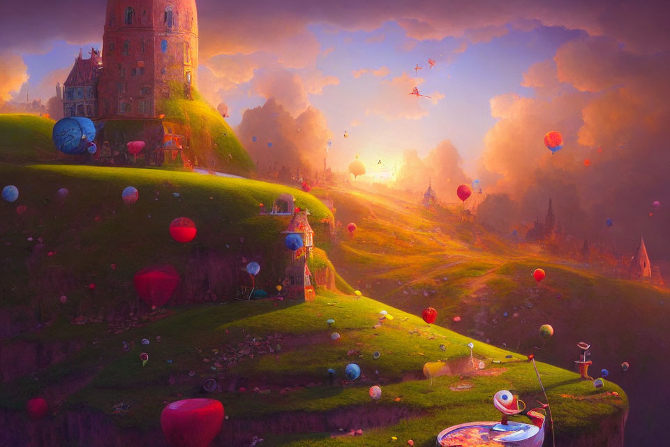 Colorful Sunset Fantasy Landscape with Hot Air Balloons, Castle, and Telescope