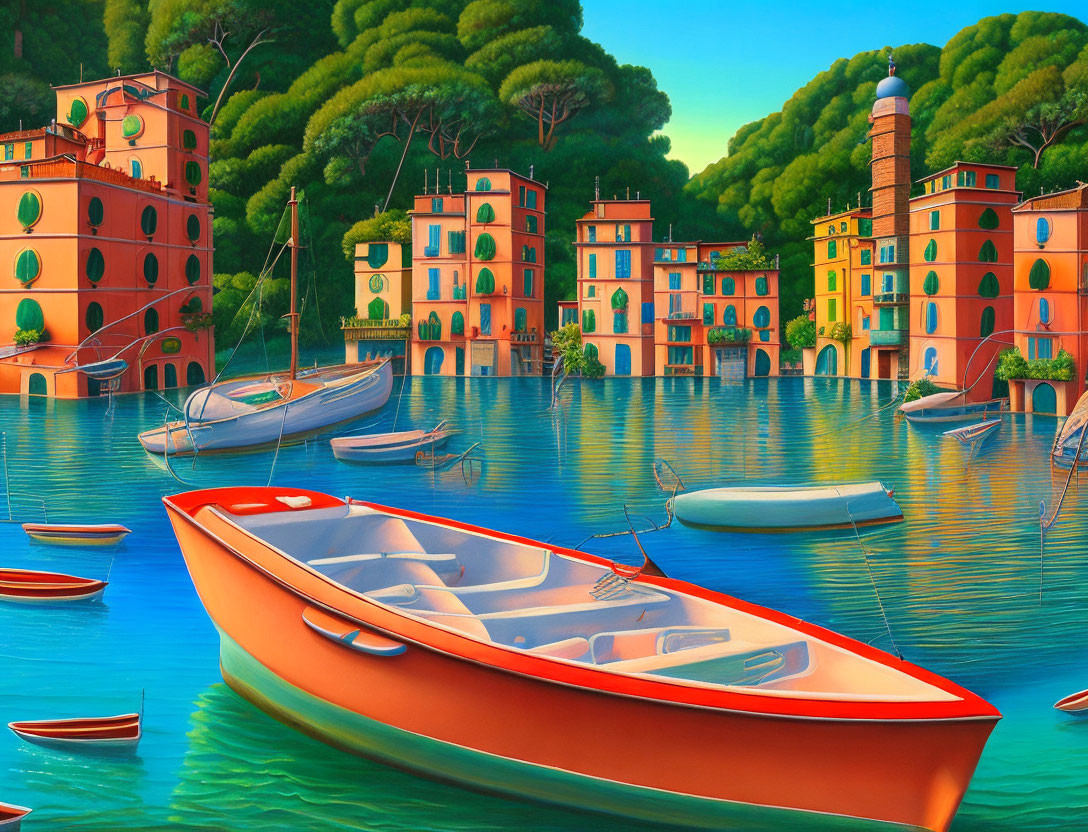 Colorful Coastal Village Painting with Boats and Greenery