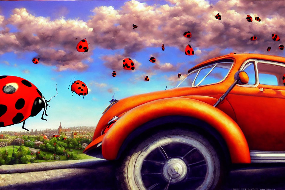 Giant ladybug near orange Volkswagen Beetle with small ladybugs in the sky