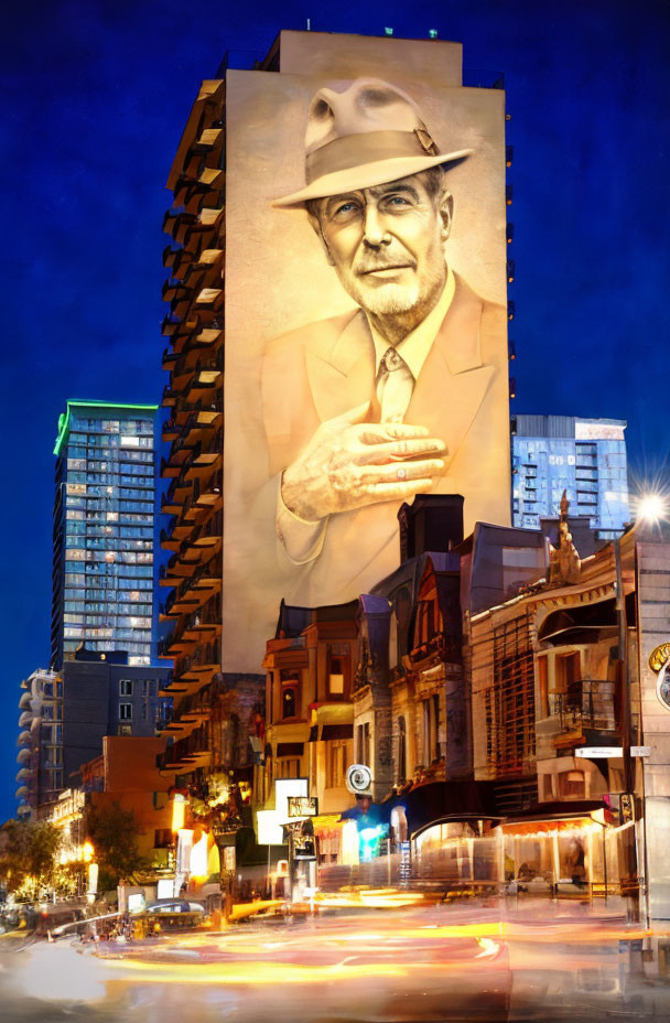 City street at dusk with large mural, vehicles in motion, and illuminated buildings.