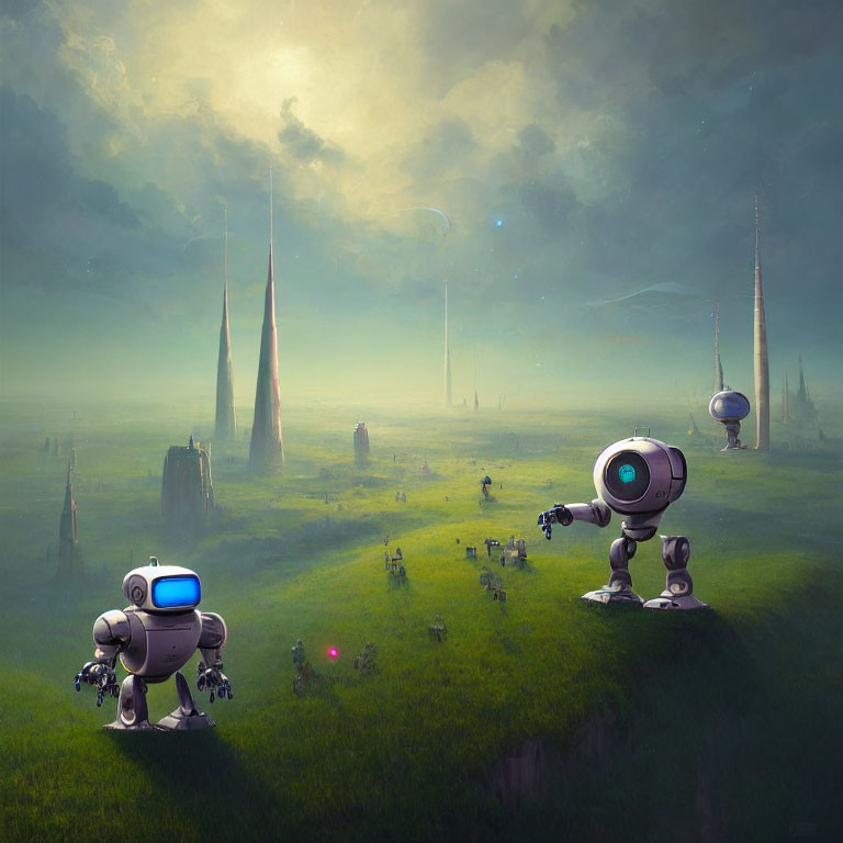 Futuristic robots in misty green landscape with towers and smaller robots.