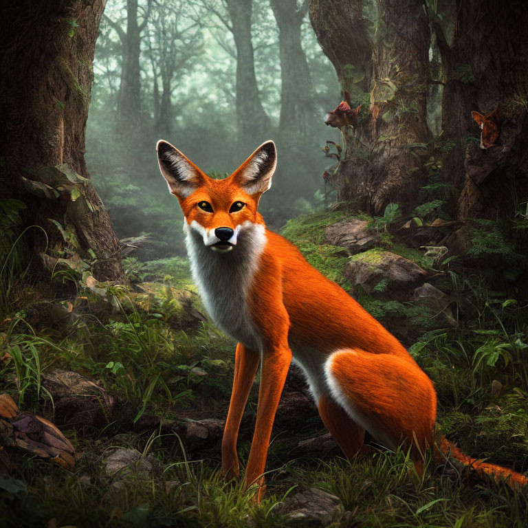 Orange fox in misty forest with others lurking - wildlife scene