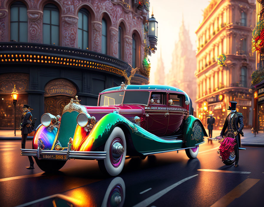 Vintage car parked on classic city street at dusk with man in vintage attire walking by